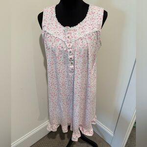 Eileen West Pink and Green Floral Sleeveless Cotton Blend Jersey Nightgown Sz M